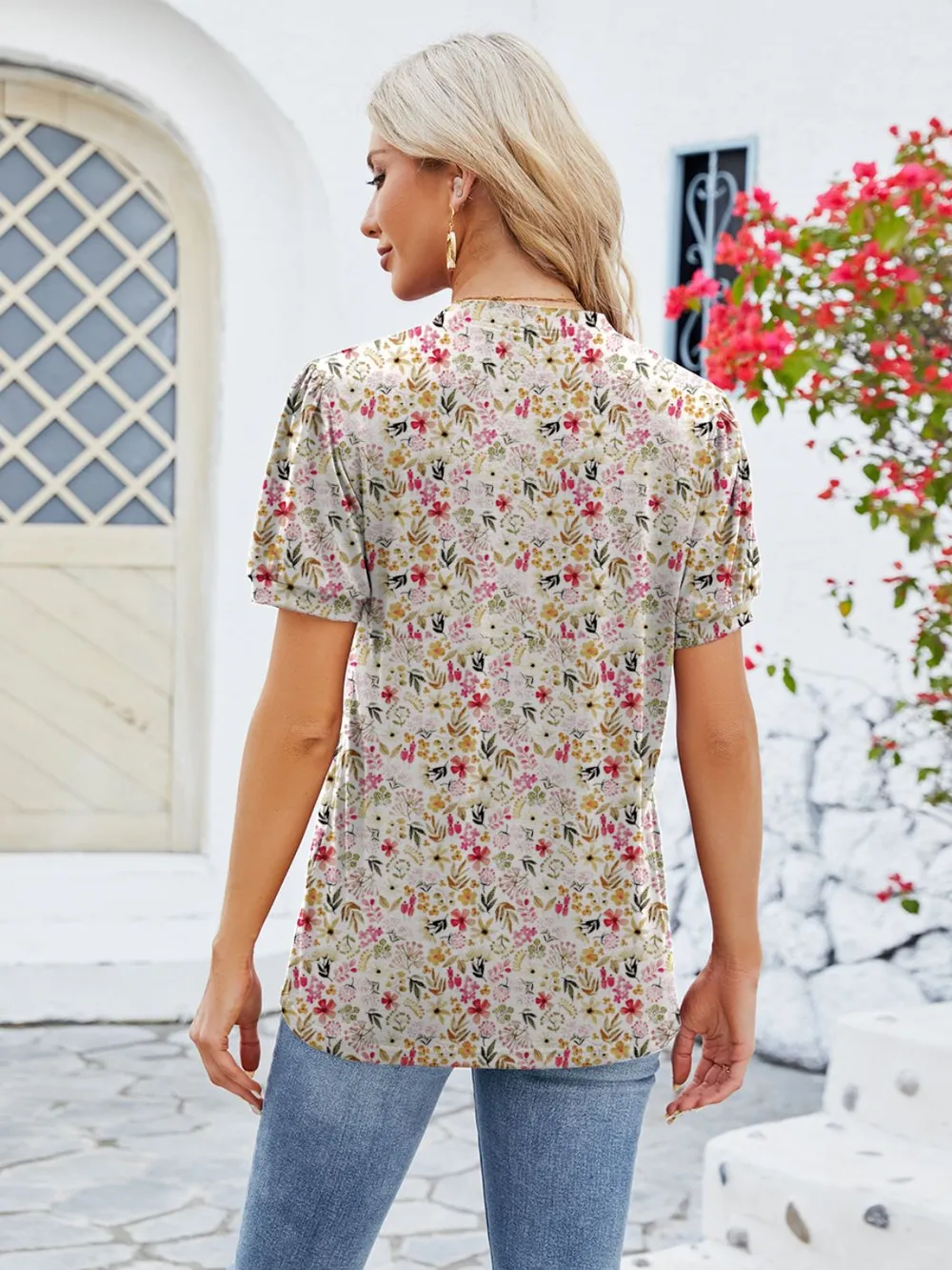 Ruched Printed Notched Short Sleeve Blouse, image 12