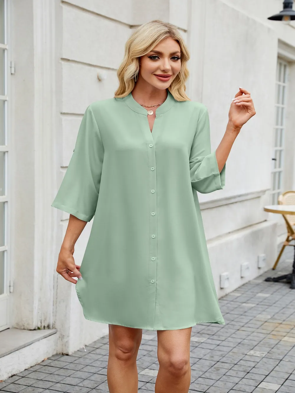 Notched Long Sleeve Mini Shirt Dress, image 13
