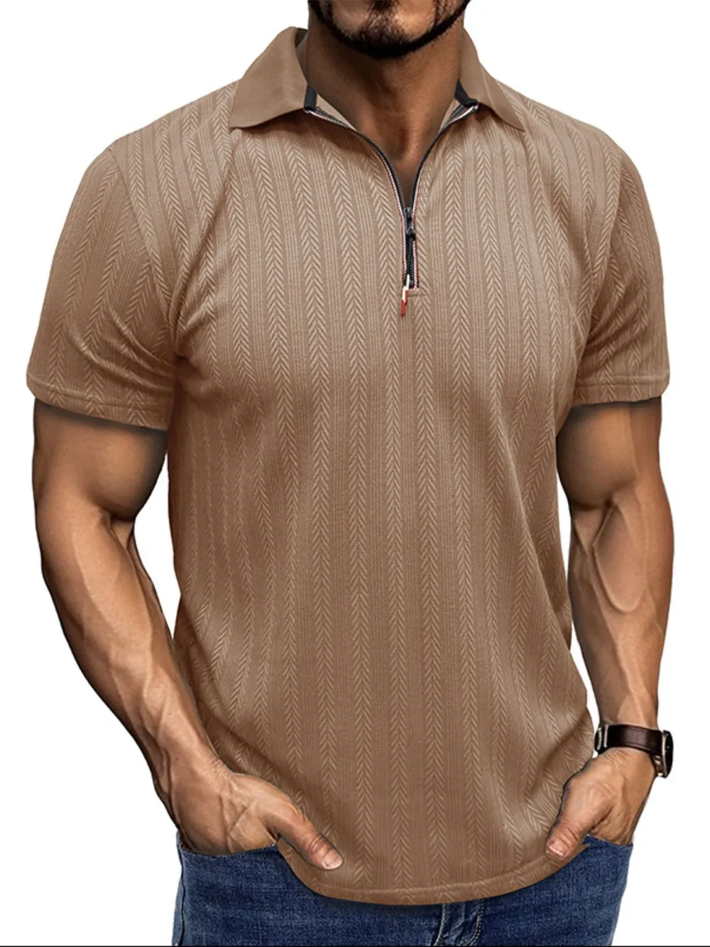 Men's Textured Quarter-Zip Polo Shirt, image 3