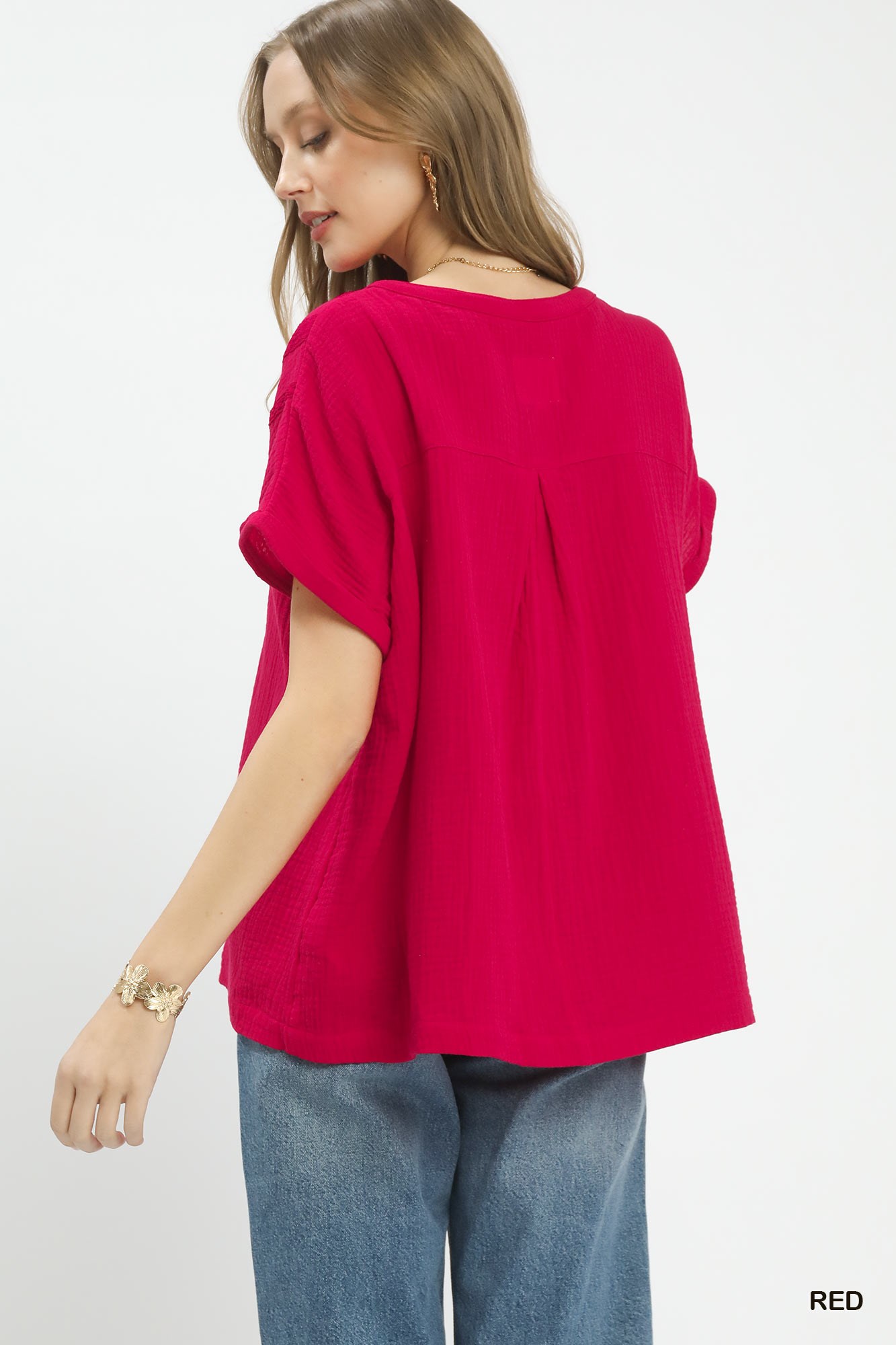 Textured Gauze Split-Neck Boho Blouse, image 3