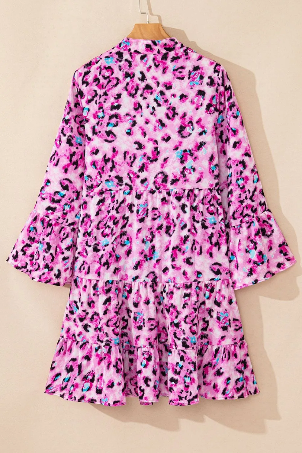 Leopard Print Buttoned Front 3/4 Sleeve Tiered Ruffled Hem Dress, image 4