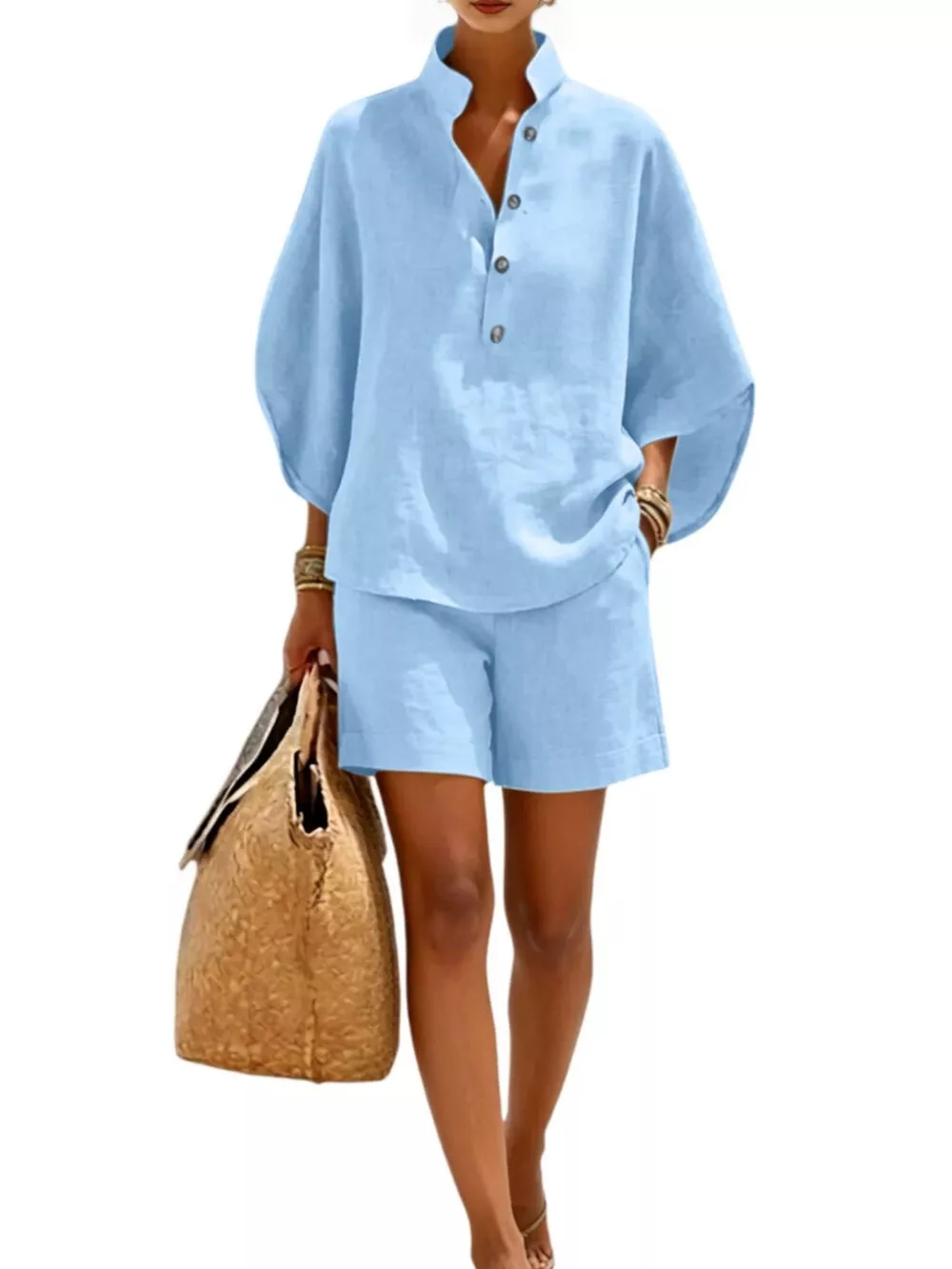 Full Size Button Detail Loose Fit Top and Shorts Set Plus Size, image 8