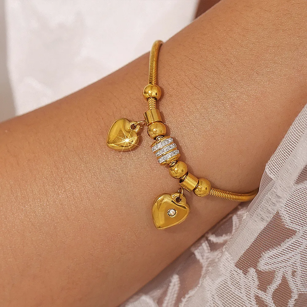 18K Gold-Plated Rhinestone Heart Charm Bracelet, image 2