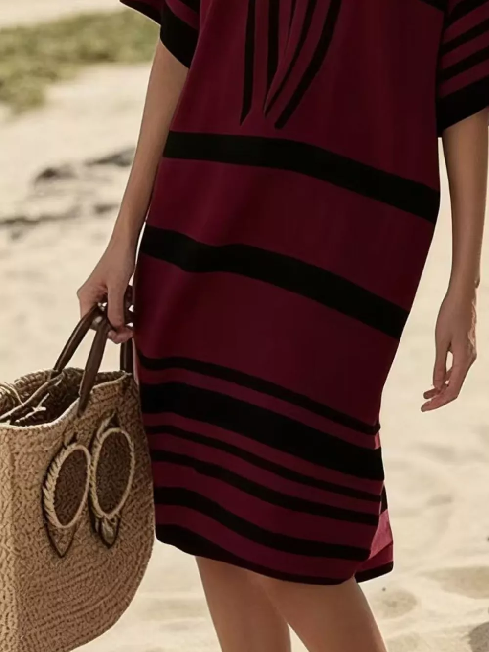 Full Size Striped Half Sleeve Midi Dress Plus Size, image 27