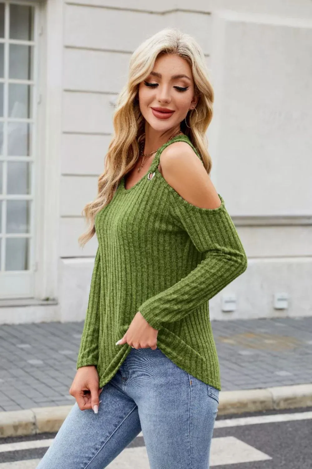 Ribbed Cold Shoulder Long Sleeve Top, image 8