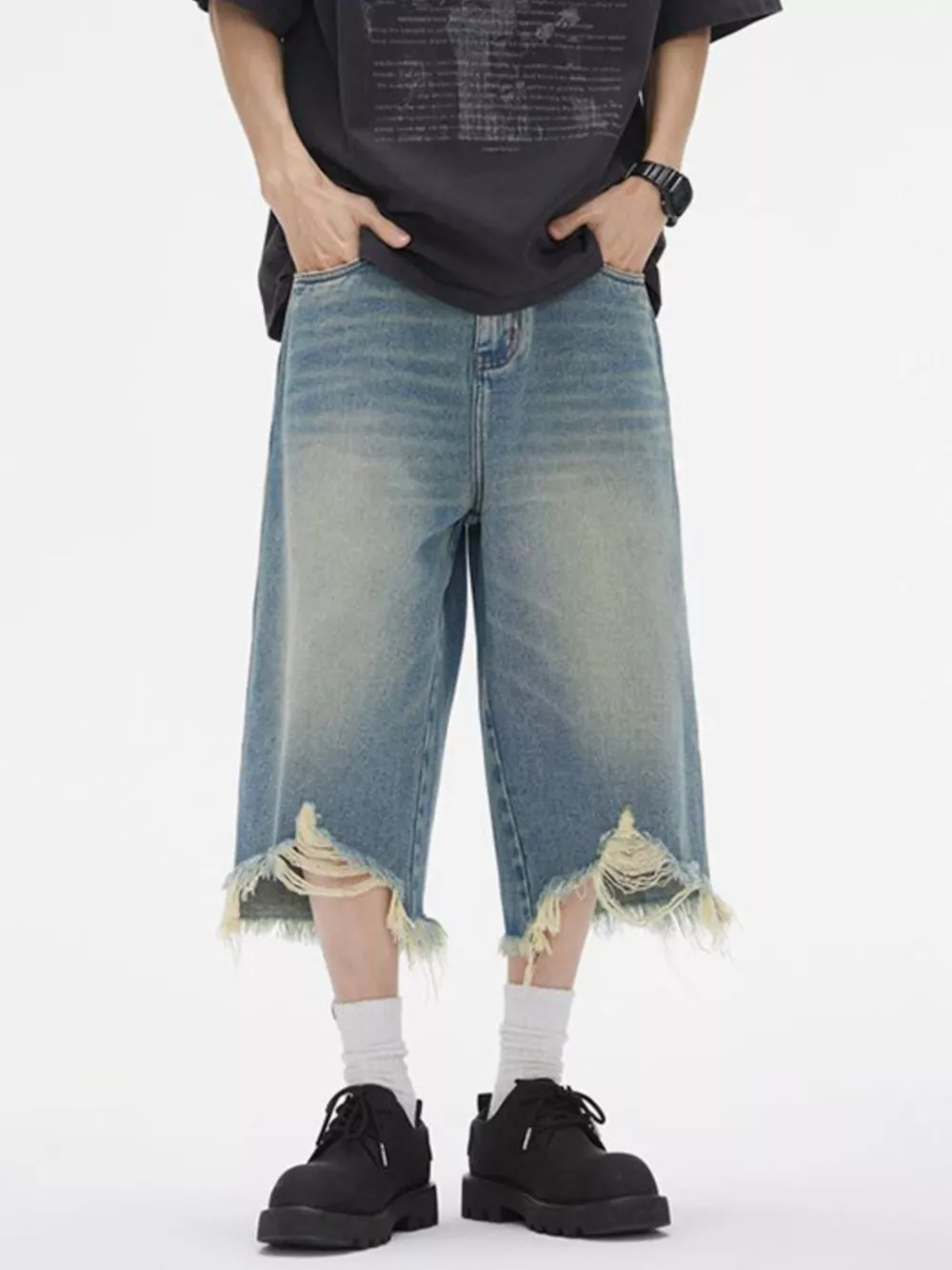 Men's Distressed Wide Leg Denim Shorts, image 2