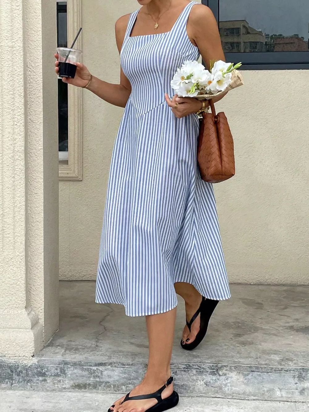 Striped Square Neck Midi Dress, image 6