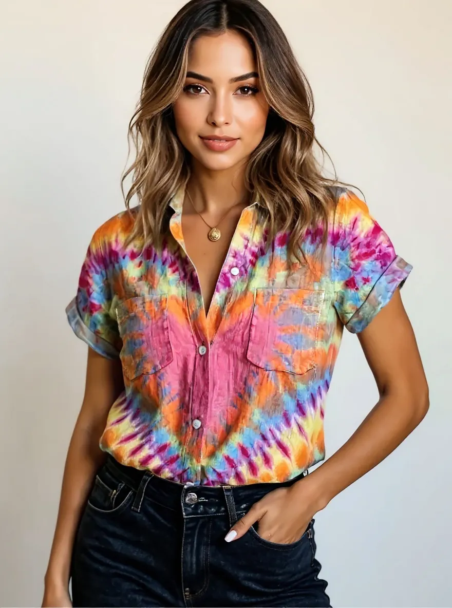 Tie-Dye Short Sleeve Button-Up Shirt
