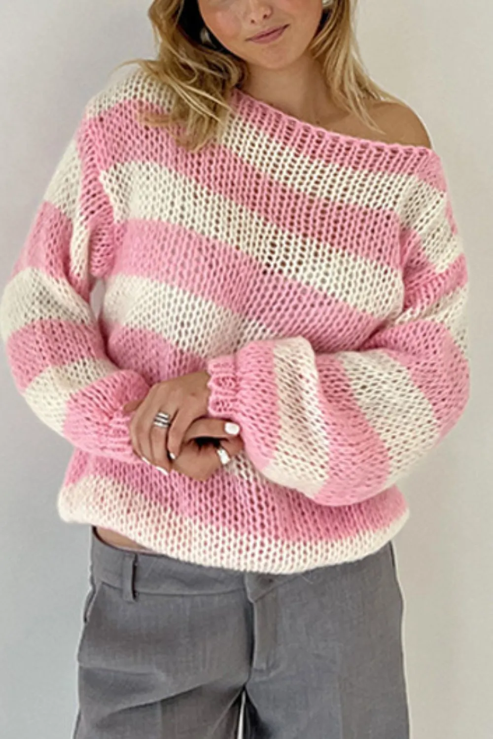 Contrast Striped Boat Neck Long Sleeve Sweater, image 2