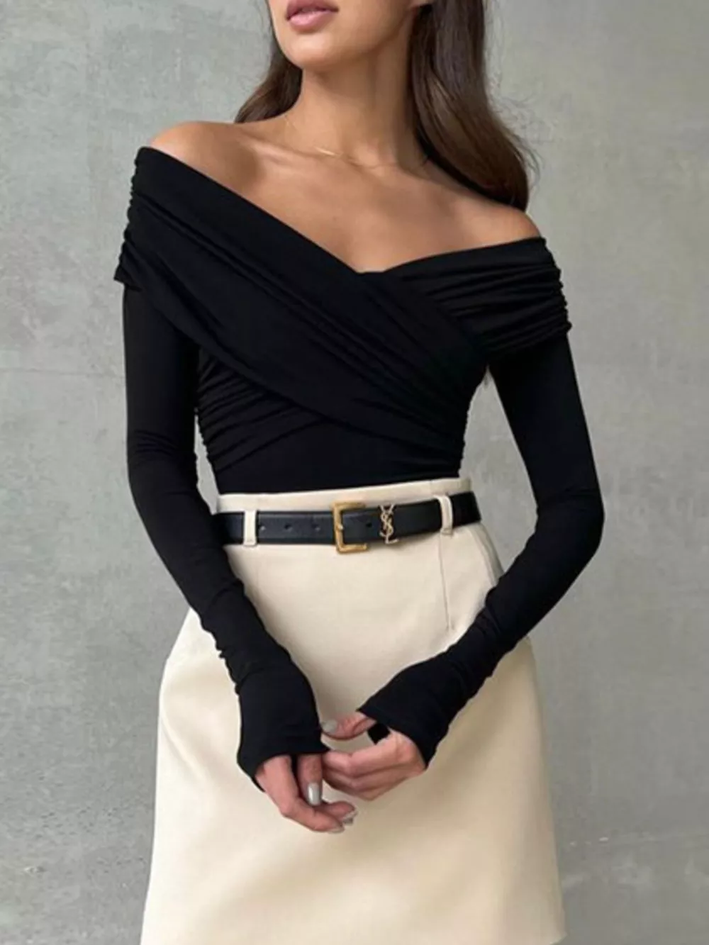 Off-Shoulder Ruched Long Sleeve Bodysuit, image 6