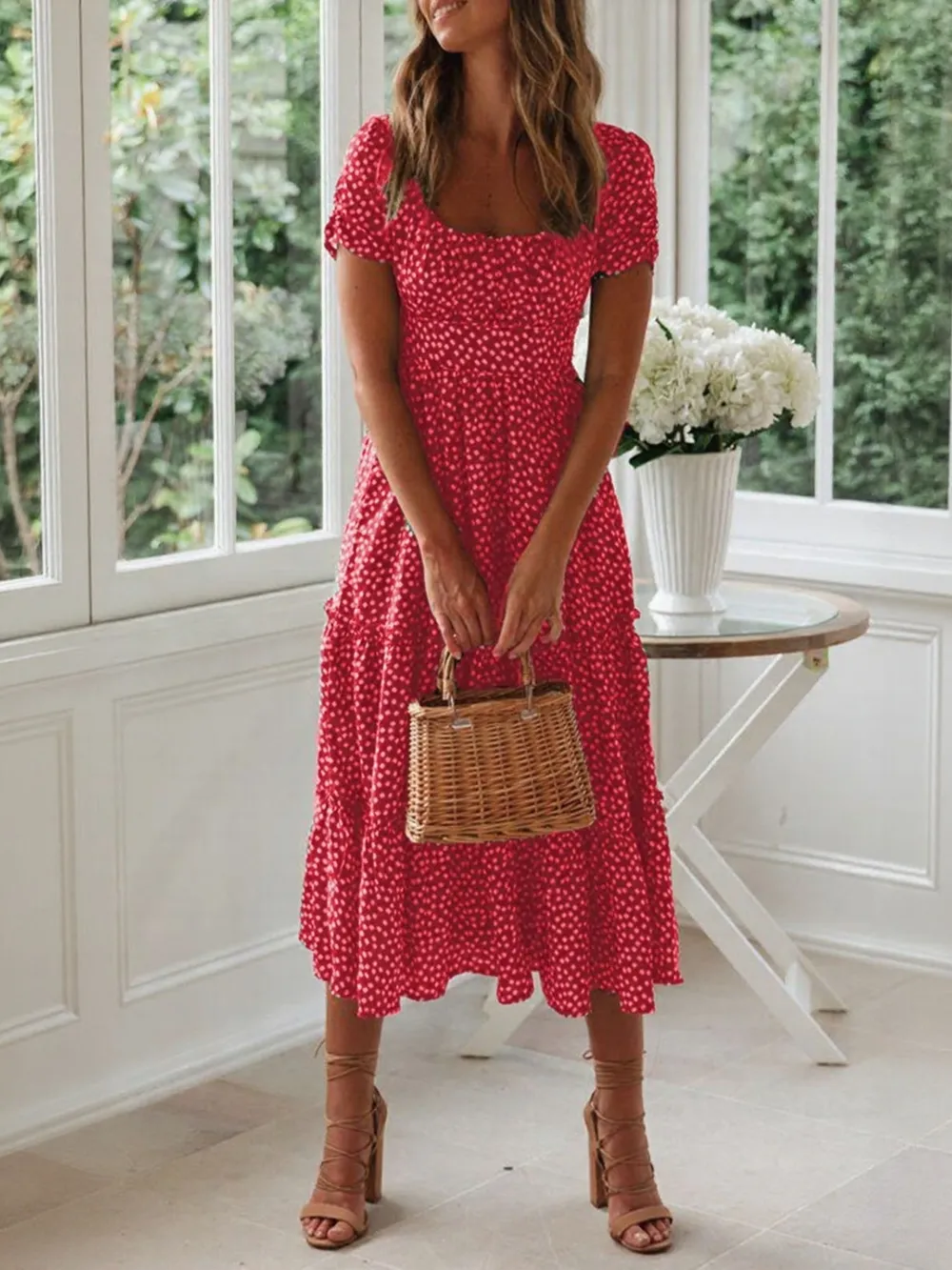 Printed Square Neck Short Sleeve Midi Dress, image 5