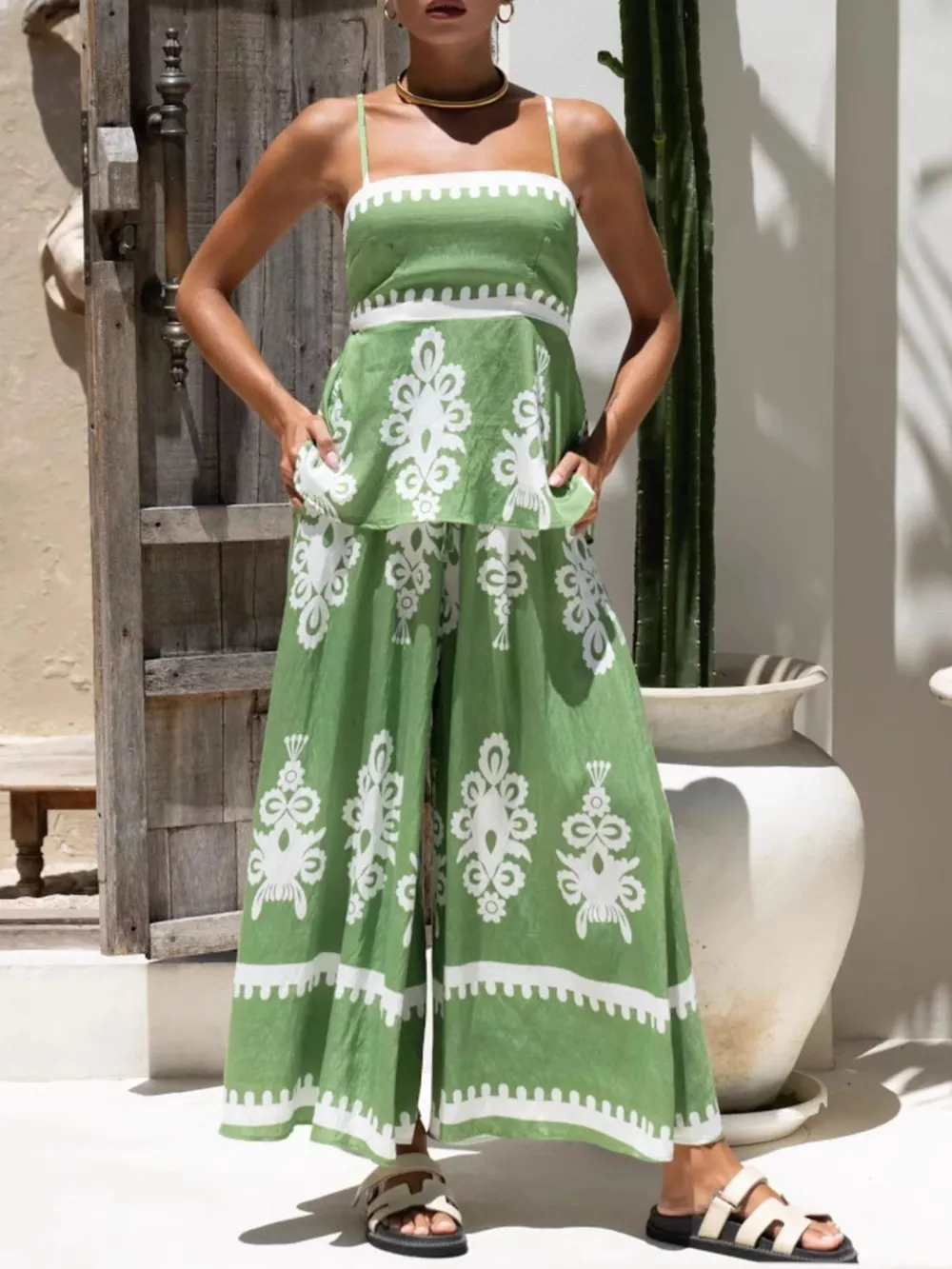 Printed Cami and Wide Leg Pants Set, image 3