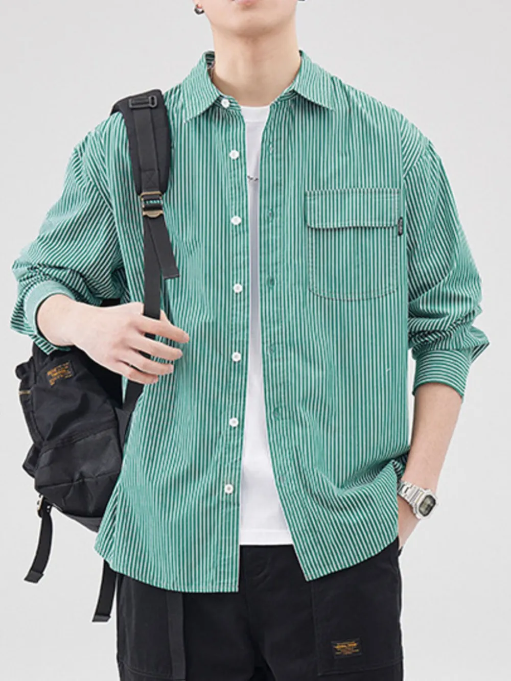 Men's Plus Size Striped Button Up Long Sleeve Shirt, image 4