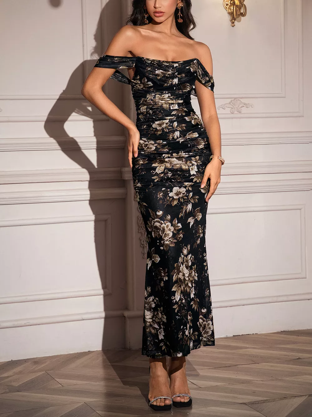 Off-Shoulder Ruched Floral Mermaid Dress, image 11