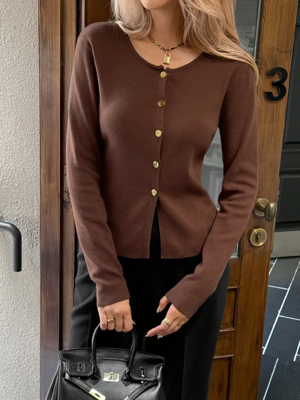 Button-Up Long Sleeve Knit Cardigan