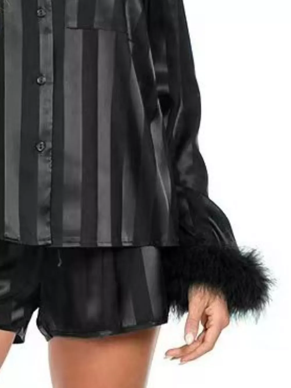 Striped Feather Trim Shirt and Shorts Lounge Set, image 2