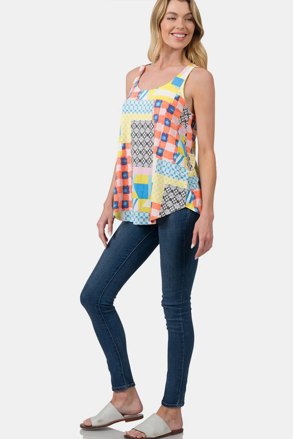 Printed Round Neck Curved Hem Tank, image 3