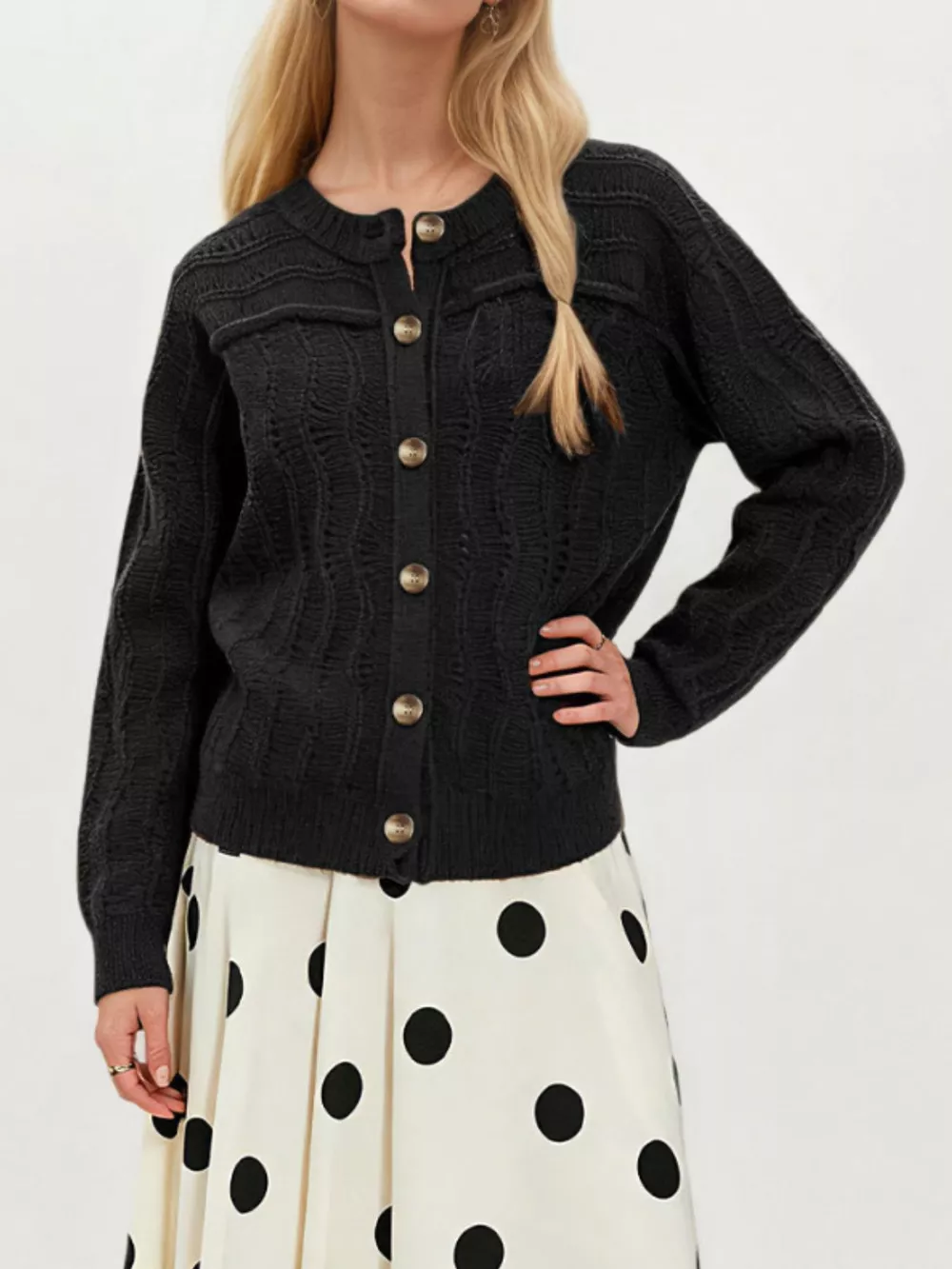 Openwork Button-Down Knit Cardigan, image 7