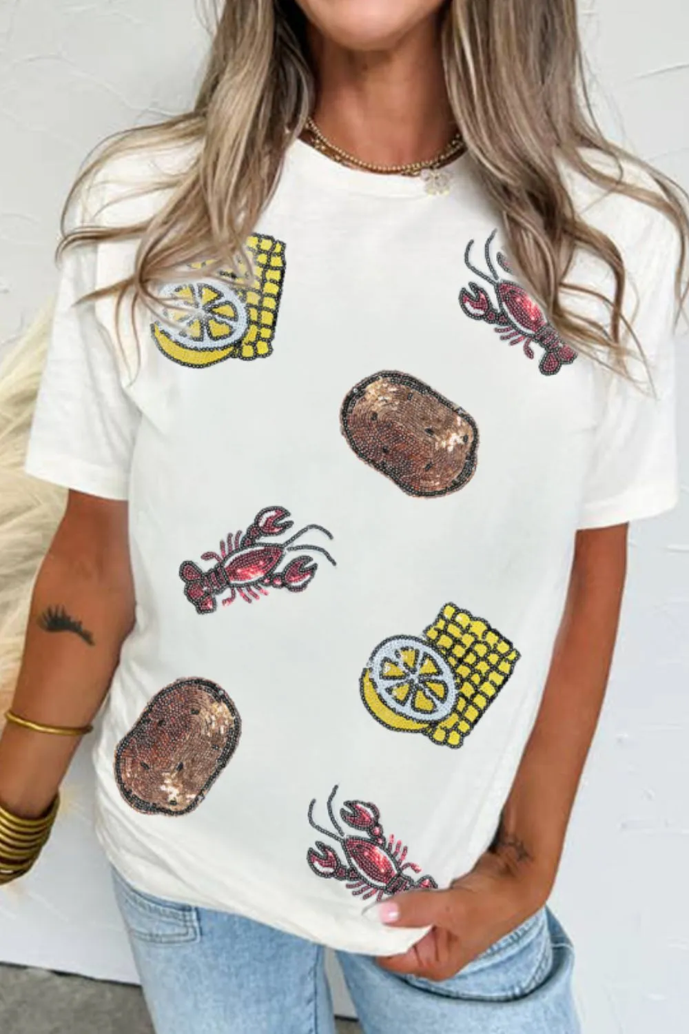 Sequin Crawfish Potato Round Neck Short Sleeve T-Shirt, image 2