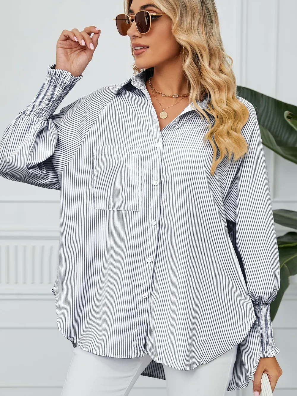 Striped Collared Neck Long Sleeve Shirt, image 3