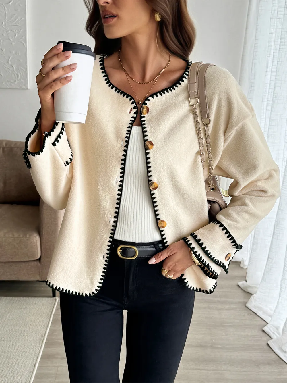 Contrast Trim Button Up Jacket, image 3