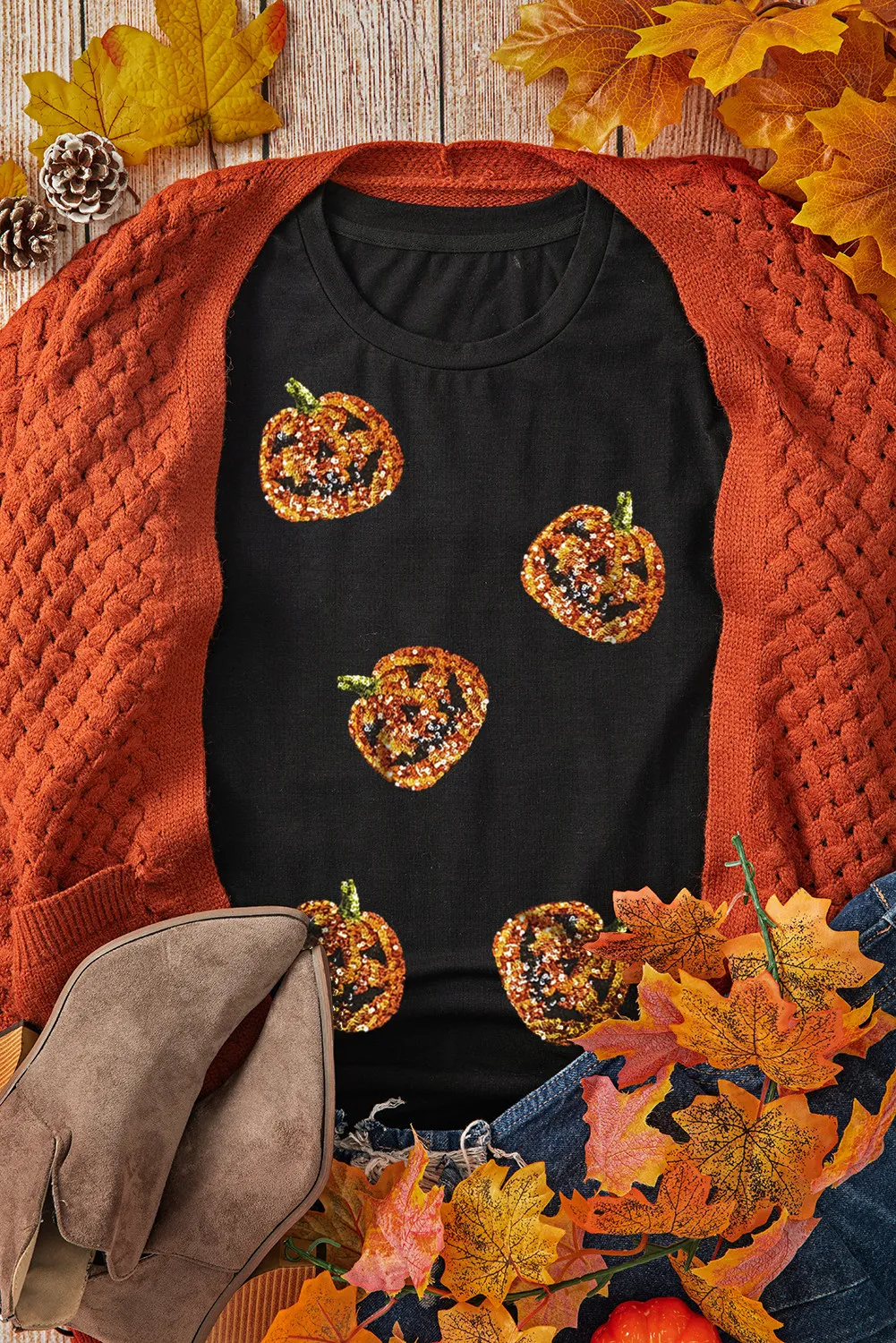 Sequin Pumpkin Round Neck Short Sleeve T-Shirt, image 3