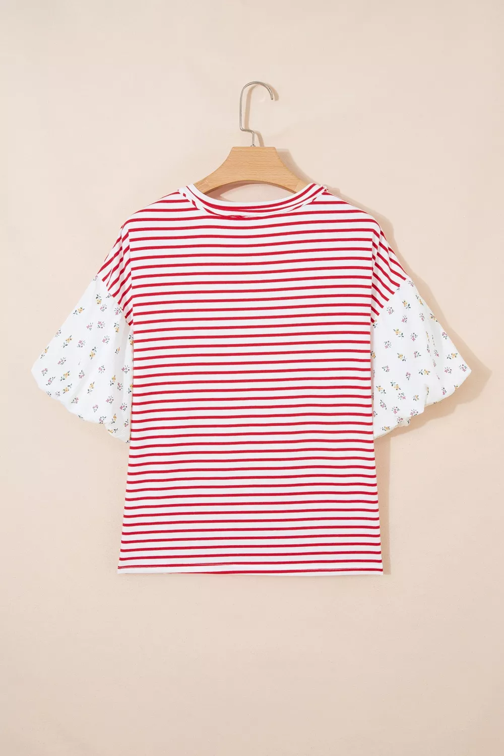 Stripe Floral Puff Sleeve Patchwork Round Neck Loose Top, image 4
