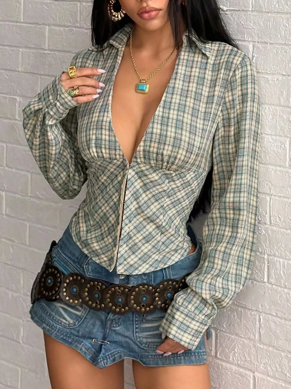 Plaid Deep V-Neck Long Sleeve Slim Fit Blouse, image 4