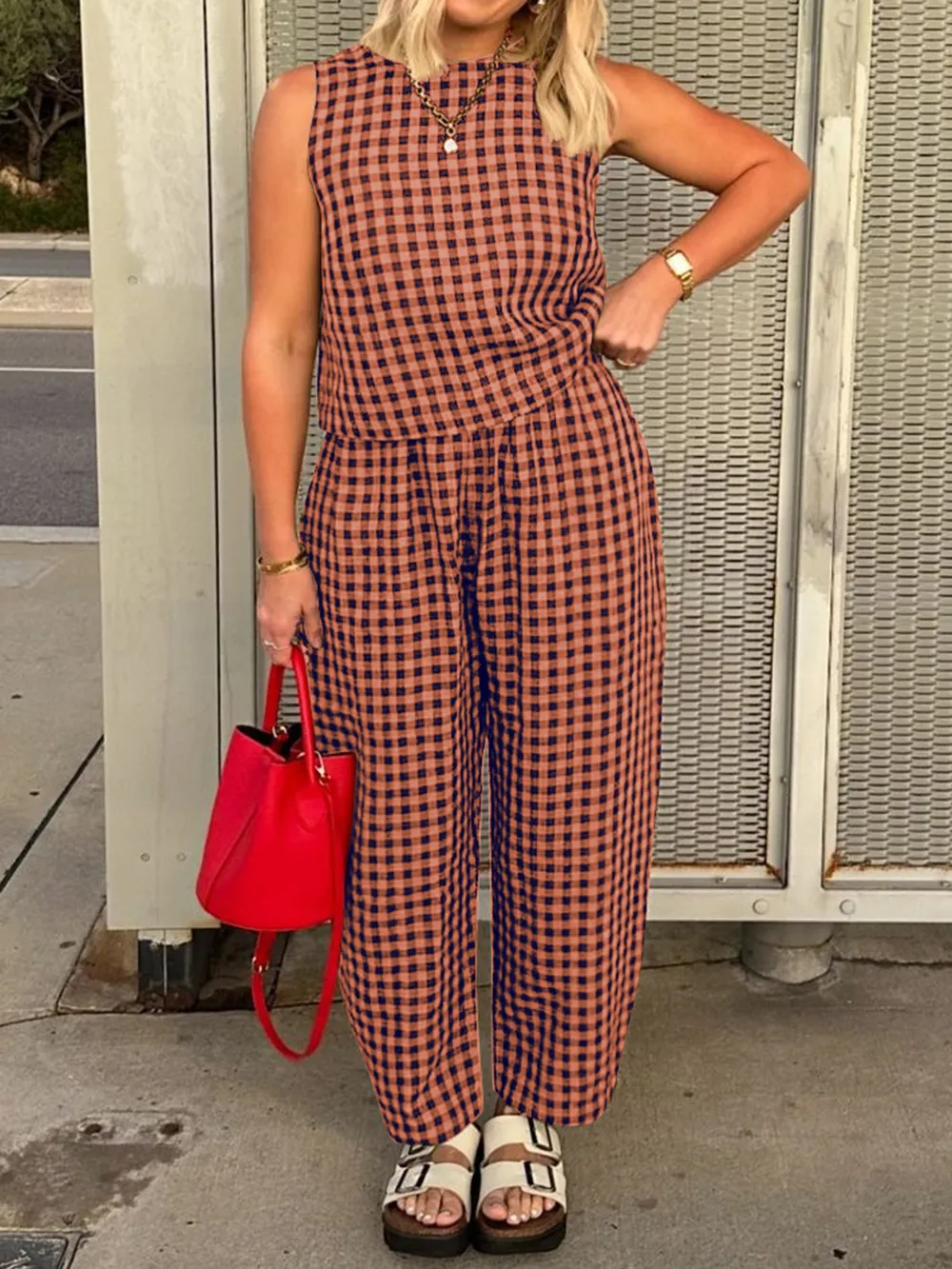 Plaid Round Neck Sleeveless Top and Pants Set, image 4