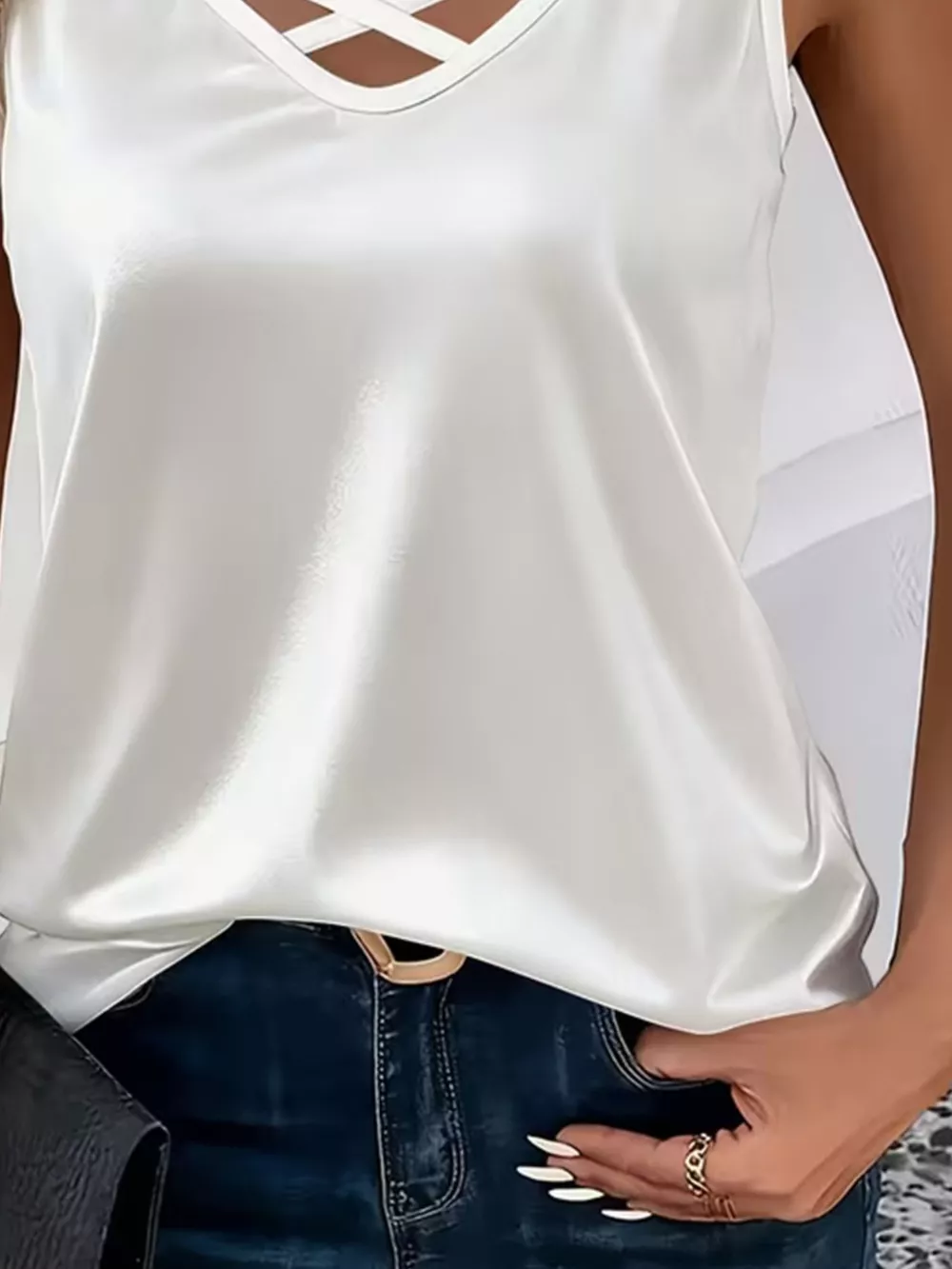 Satin V-Neck Criss-Cross Tank, image 3