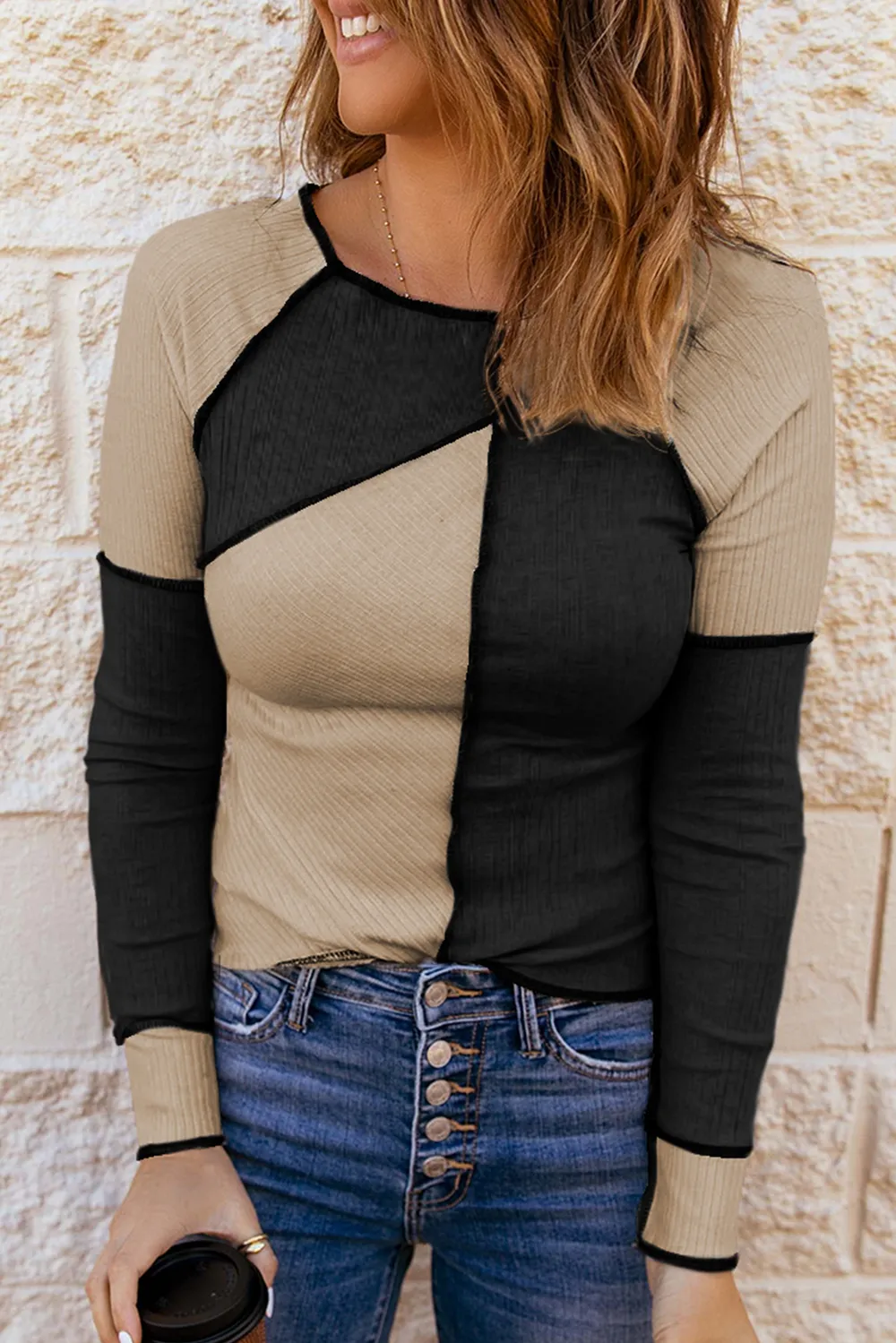 Color Block Round Neck Long Sleeve T-Shirt, image 7