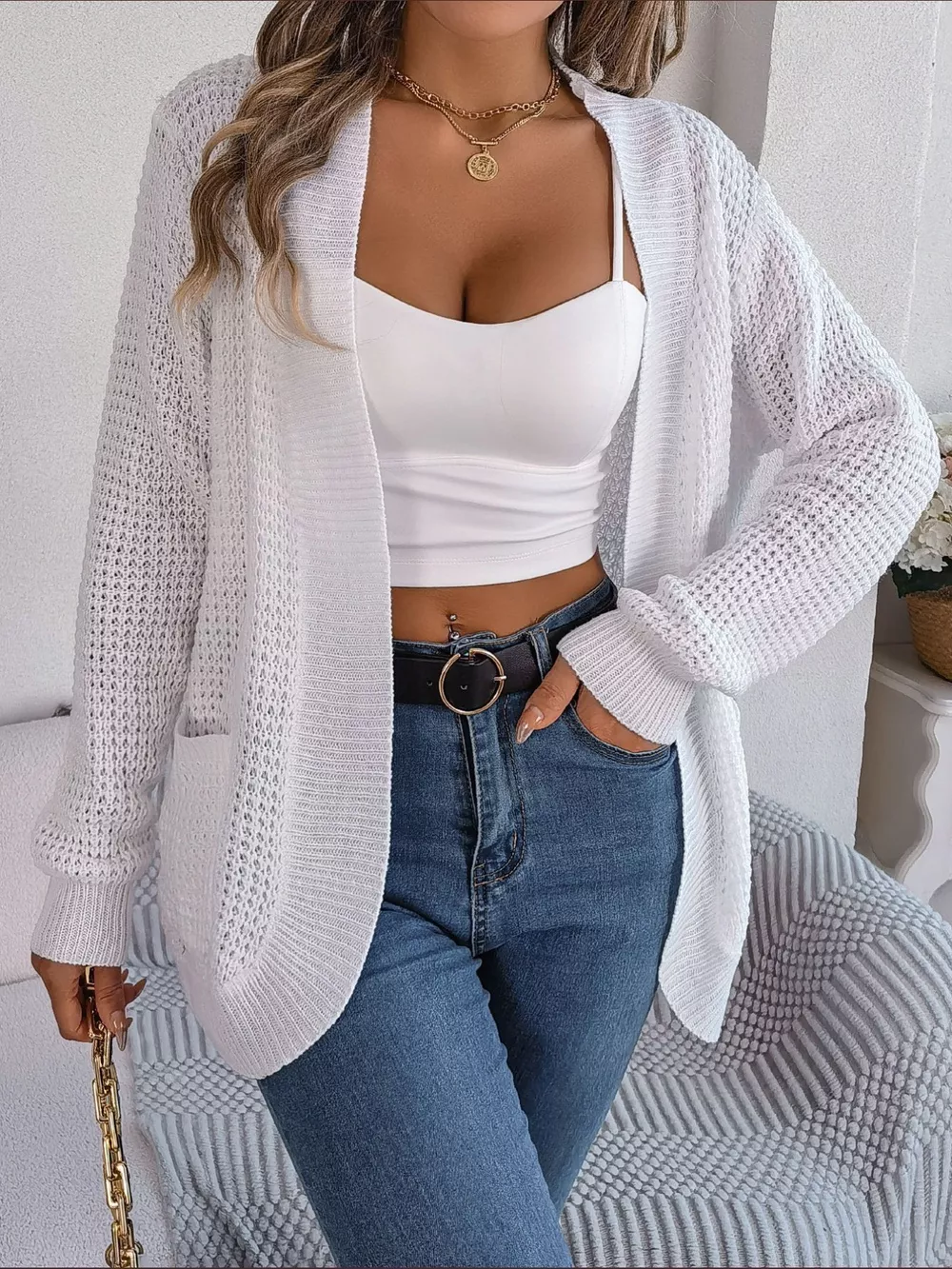 Chunky Knit Open Front Cardigan with Pockets, image 8