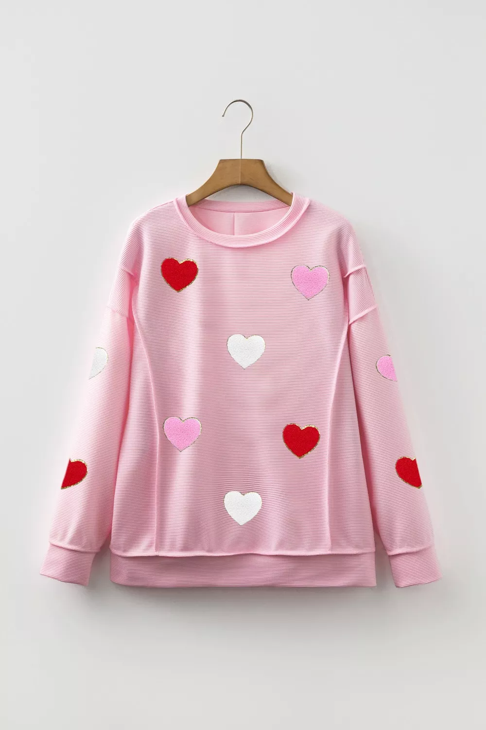 Ribbed Texture Chenille Heart Glitter Trim Patched Long Sleeve Top, image 2