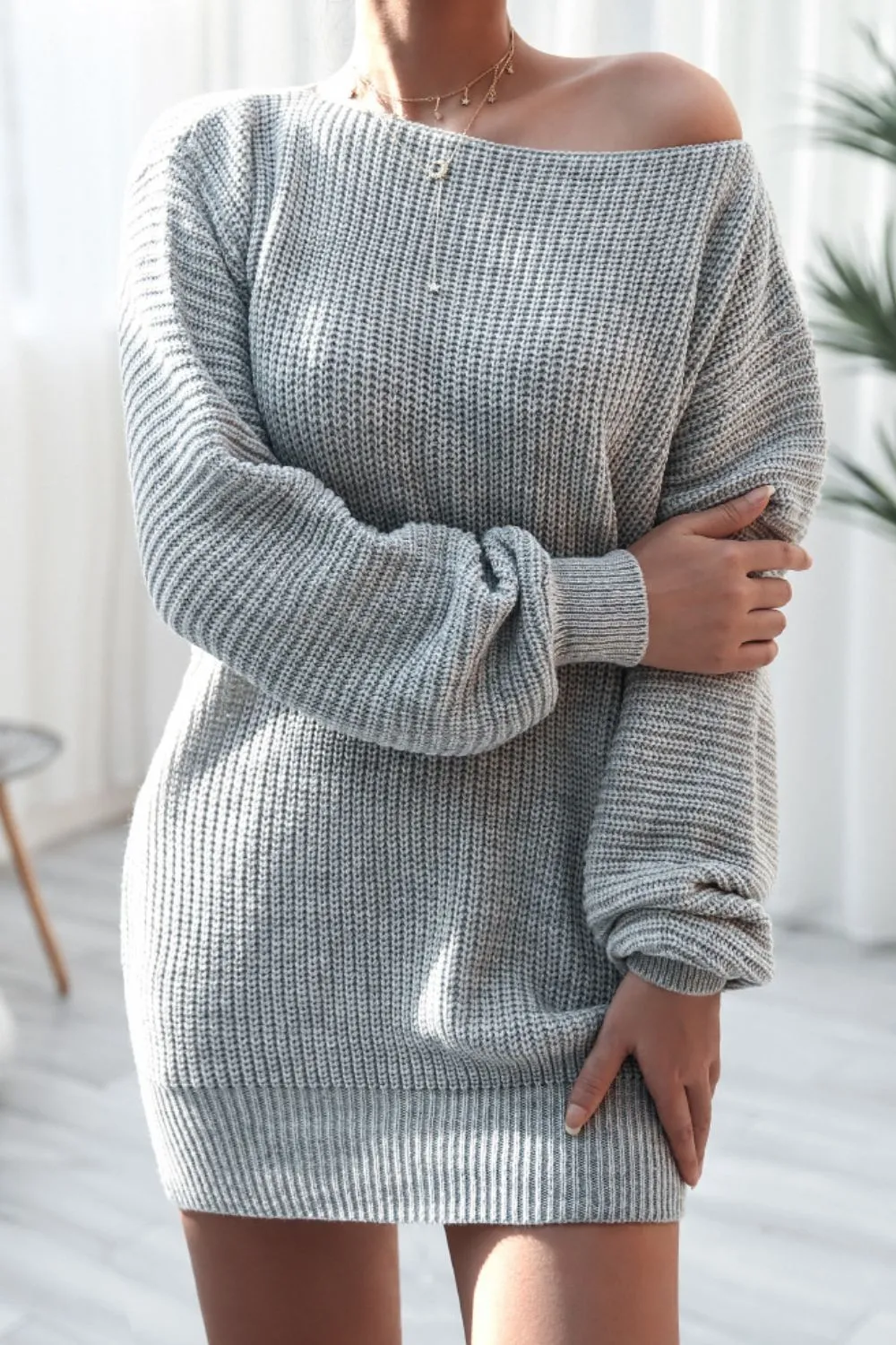 Boat Neck Long Sleeve Mini Sweater Dress, image 13