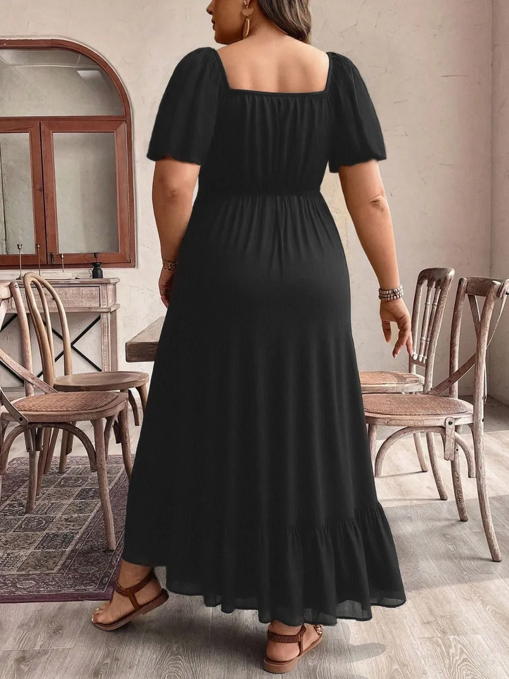 Plus Size Ruffled Hem Square Neck Short Sleeve Dress, image 2