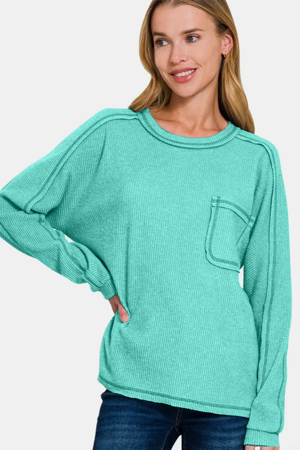 Full Size Contrast Stitching Brushed Ribbed Hacci Knit Top Plus Size, image 3