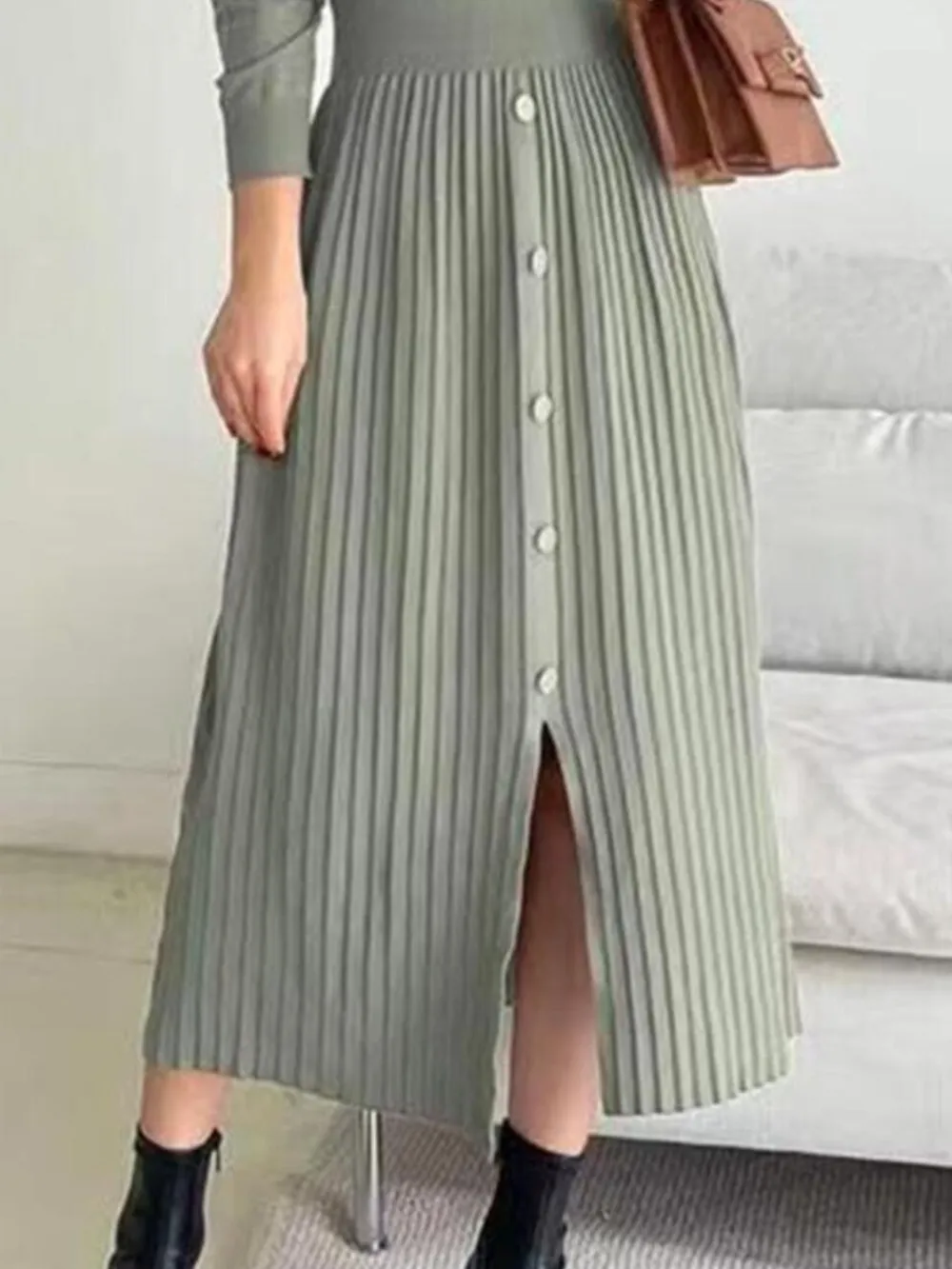 Slit Front Mock Neck Long Sleeve Knit Dress, image 12