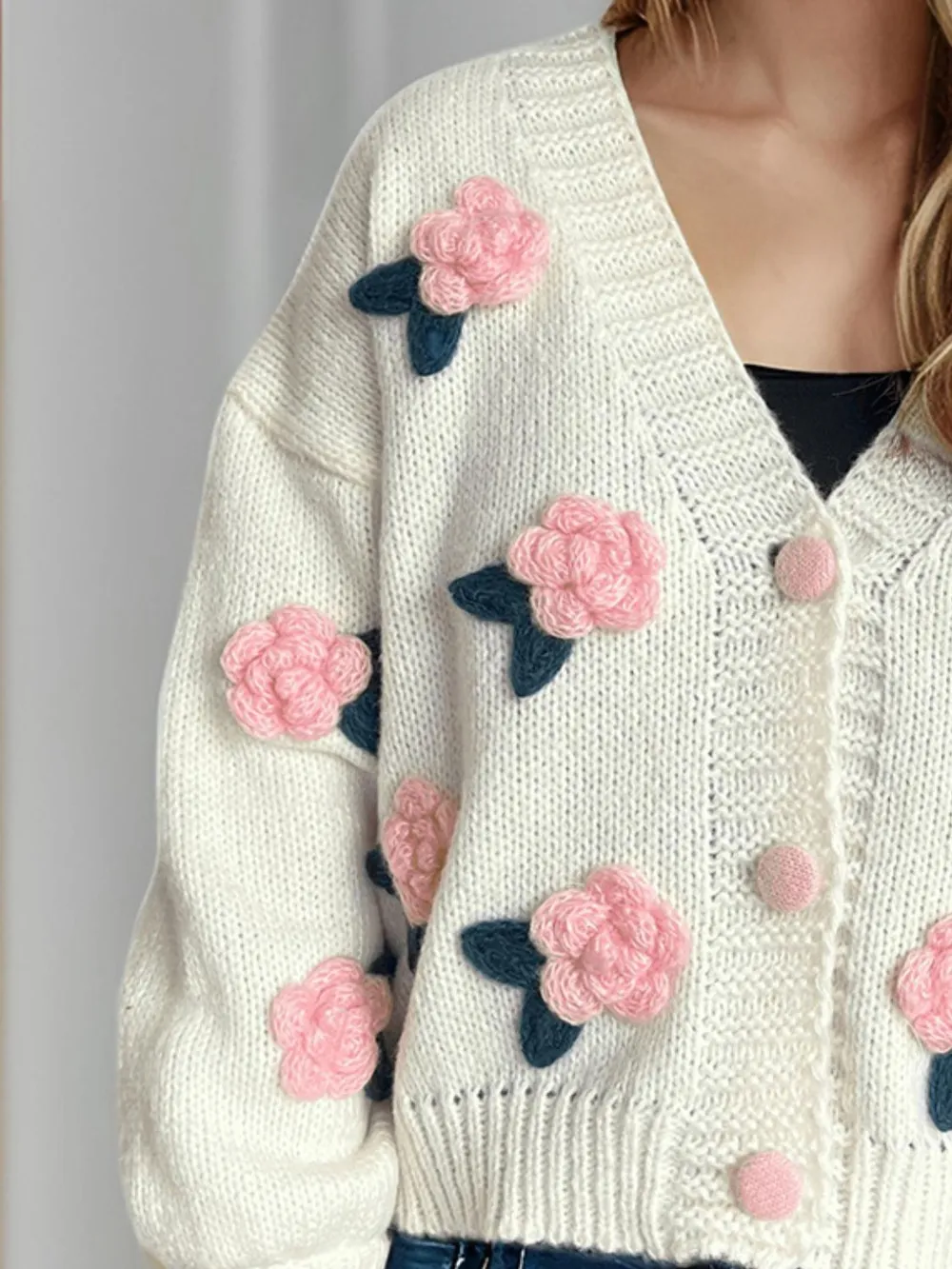 Flower Button Down V-Neck Long Sleeve Cardigan, image 2