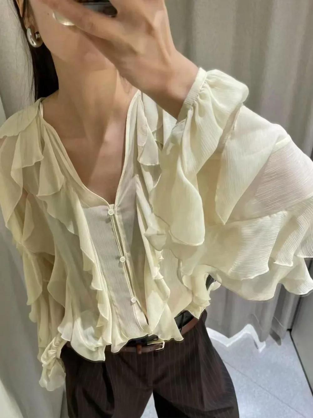 Ruffled Sheer Long Sleeve Blouse, image 9
