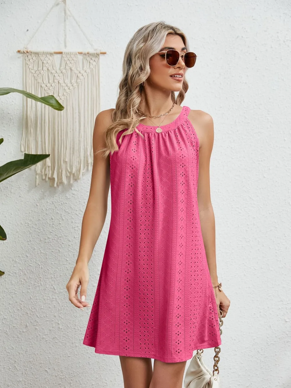 Eyelet Round Neck Sleeveless Dress, image 4
