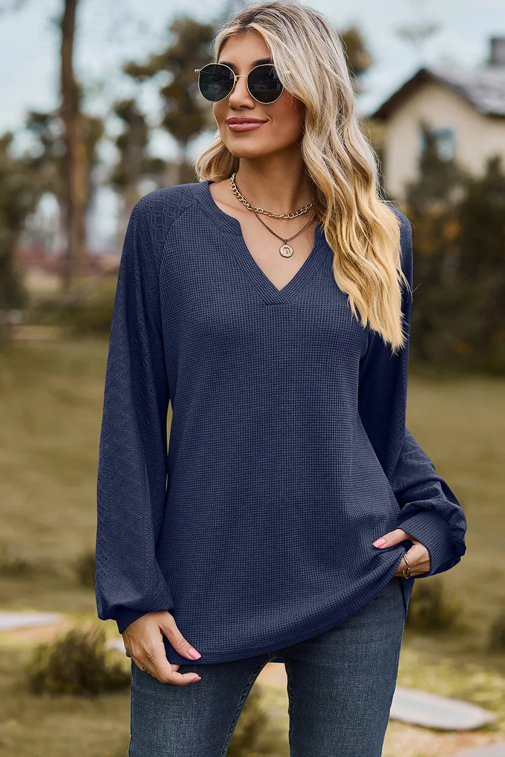 Eyelet Notched Raglan Sleeve T-Shirt, image 13