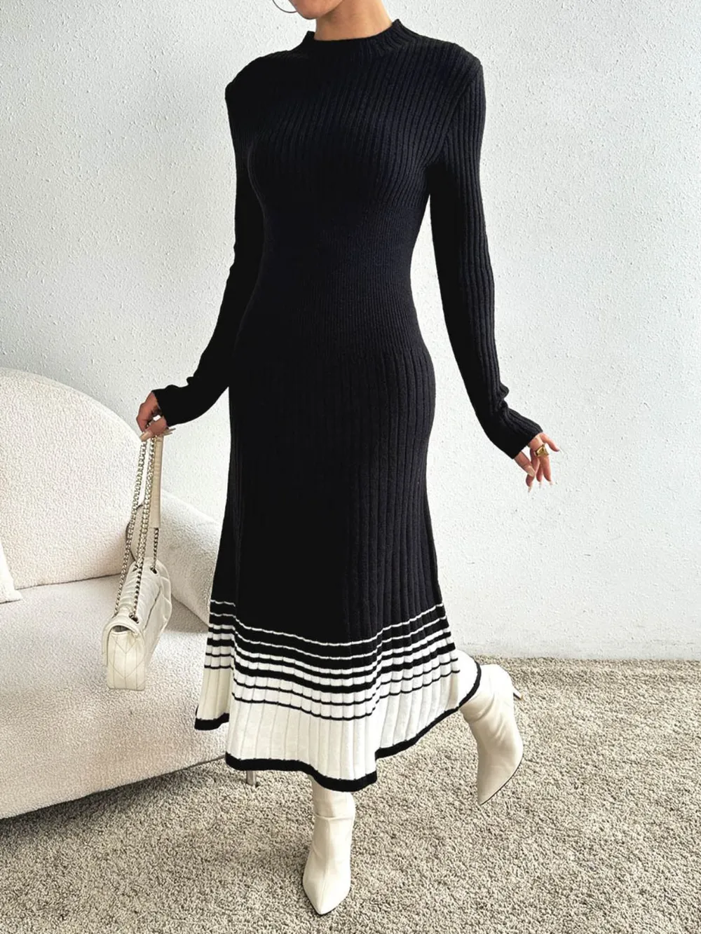 Contrast Mock Neck Long Sleeve Sweater Dress, image 6