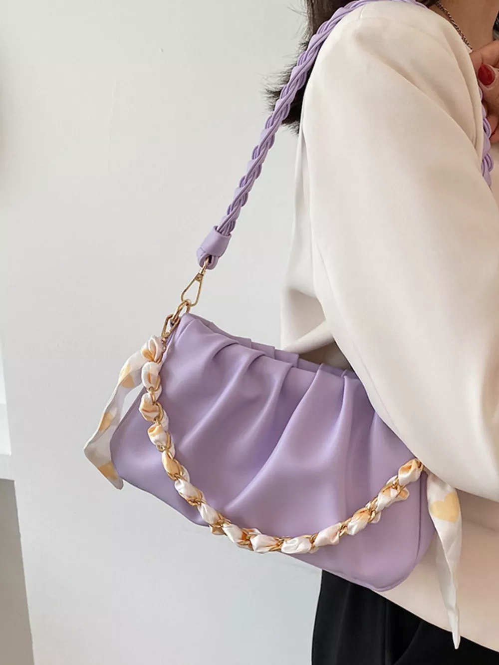 Ruched Braided Handle Shoulder Bag, image 3