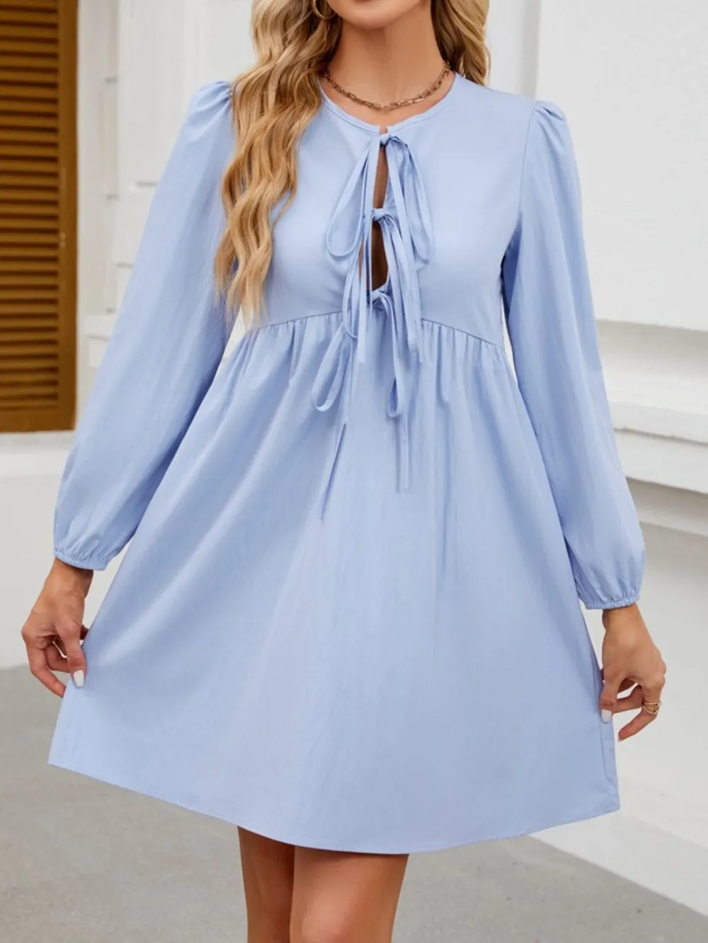 Tie Front Long Sleeve Mini Dress, image 5