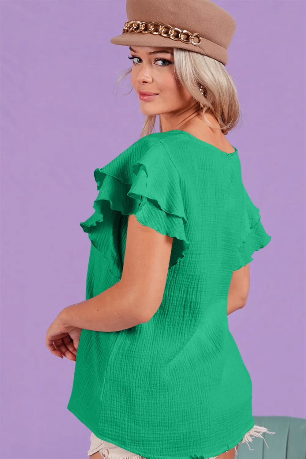 Ruffle Sleeve Wrinkled Cotton Gauze Top, image 2