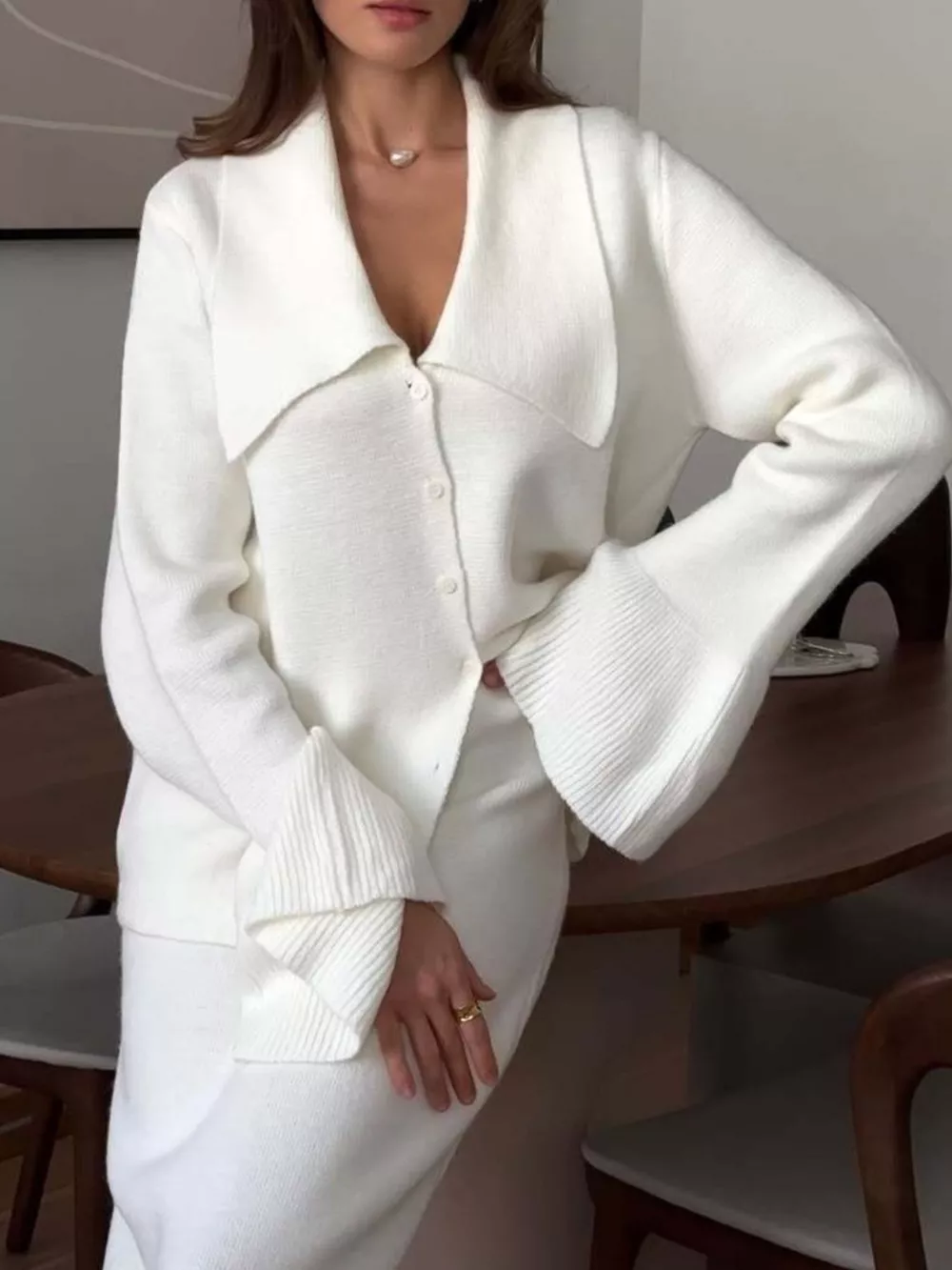 Button Down Long Sleeve Cardigan and Skirt Knit Set, image 2