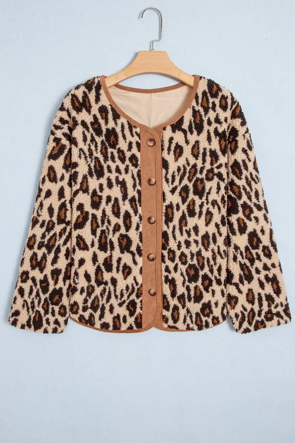 Leopard Plush Corduroy Trim Long Sleeve Jacket, image 6