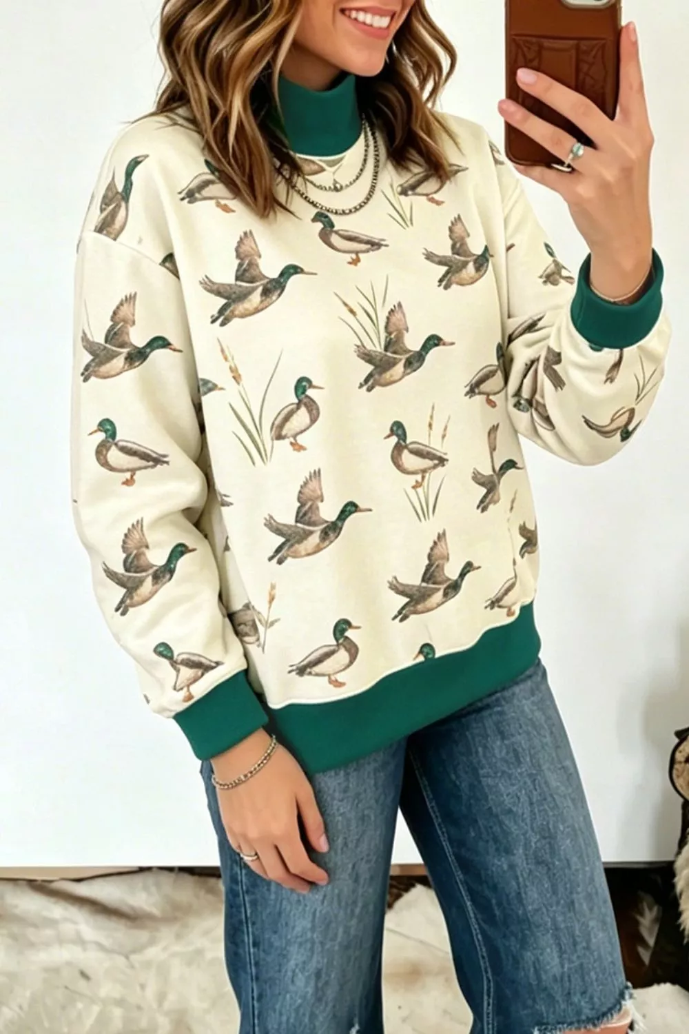 Duck Print Mock Neck Sweatshirt, image 3