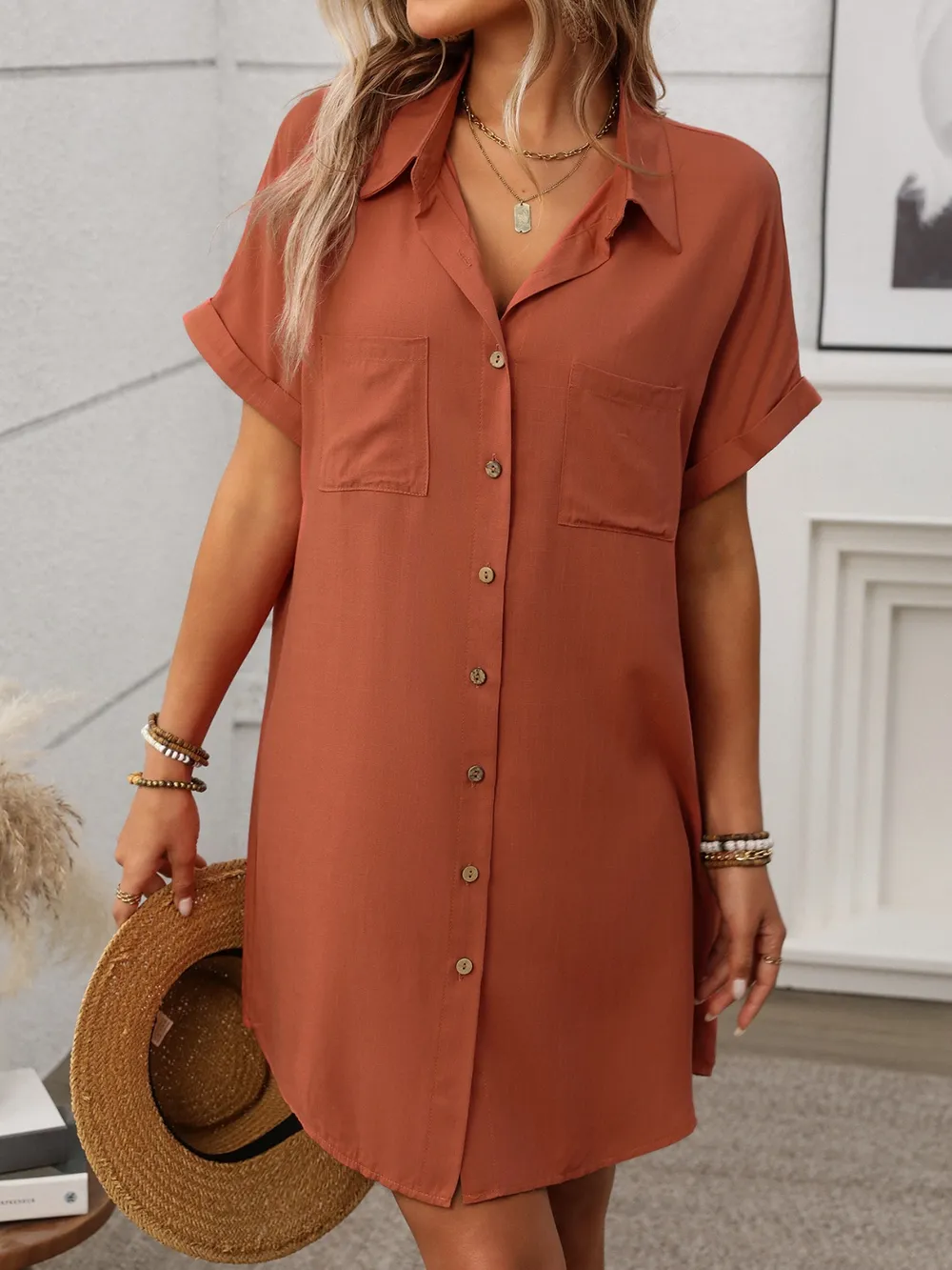 Button Down Short Sleeve Mini Dress, image 4