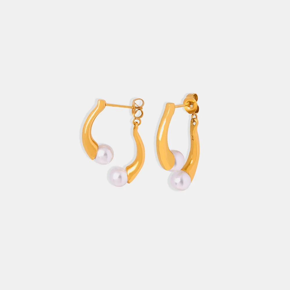 Synthetic Pearl Asymmetrical Titanium Steel Earrings, image 2